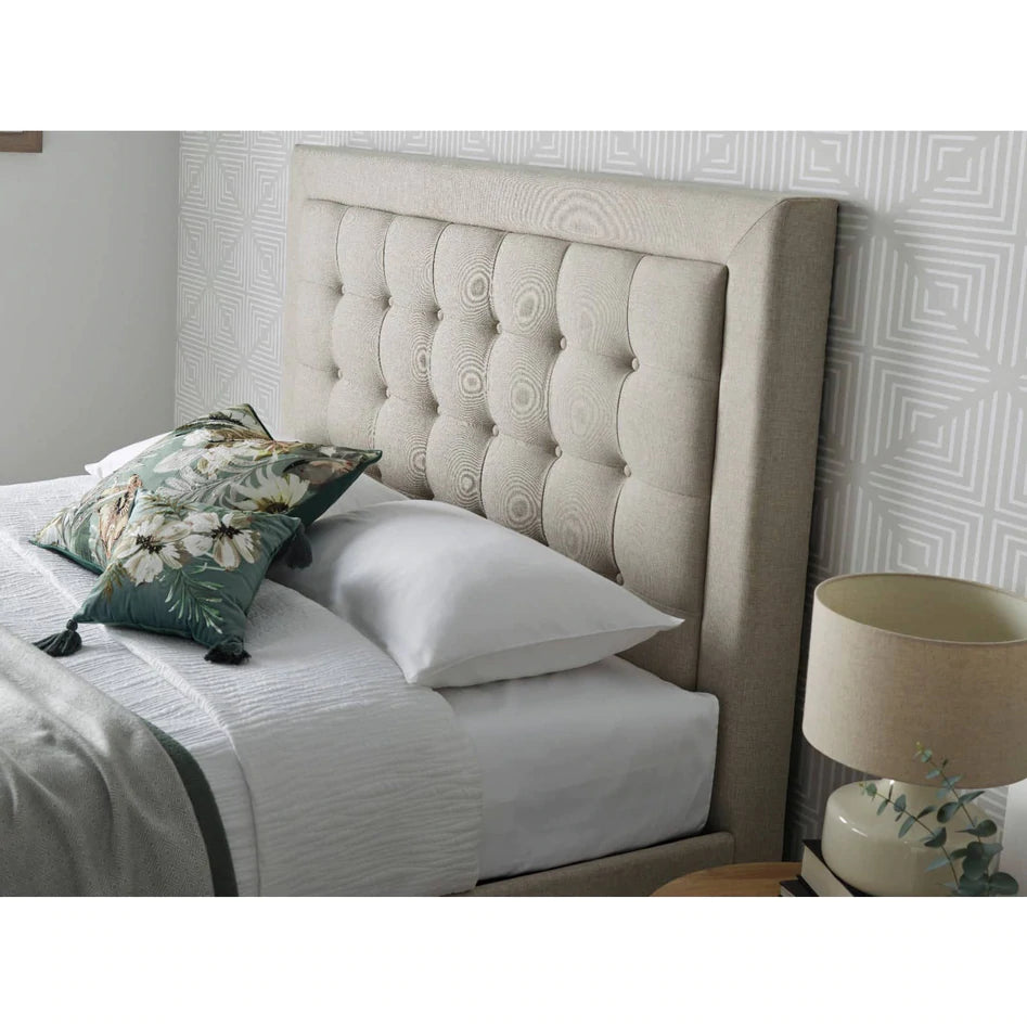 Brandon Oatmeal Fabric Ottoman Bed - Double ModelBedroom