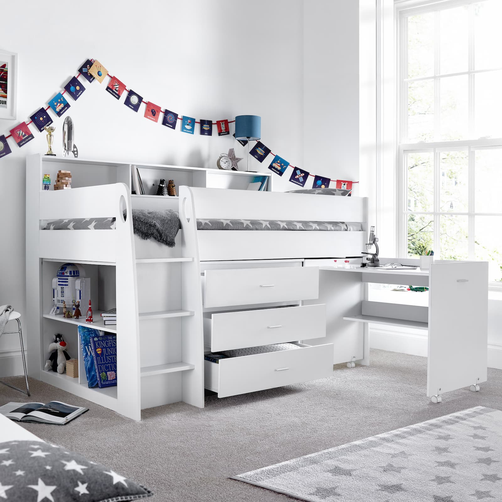 Ersa White Mid Sleeper Set - Mid Sleeper With Desk and Storage ModelBedroom