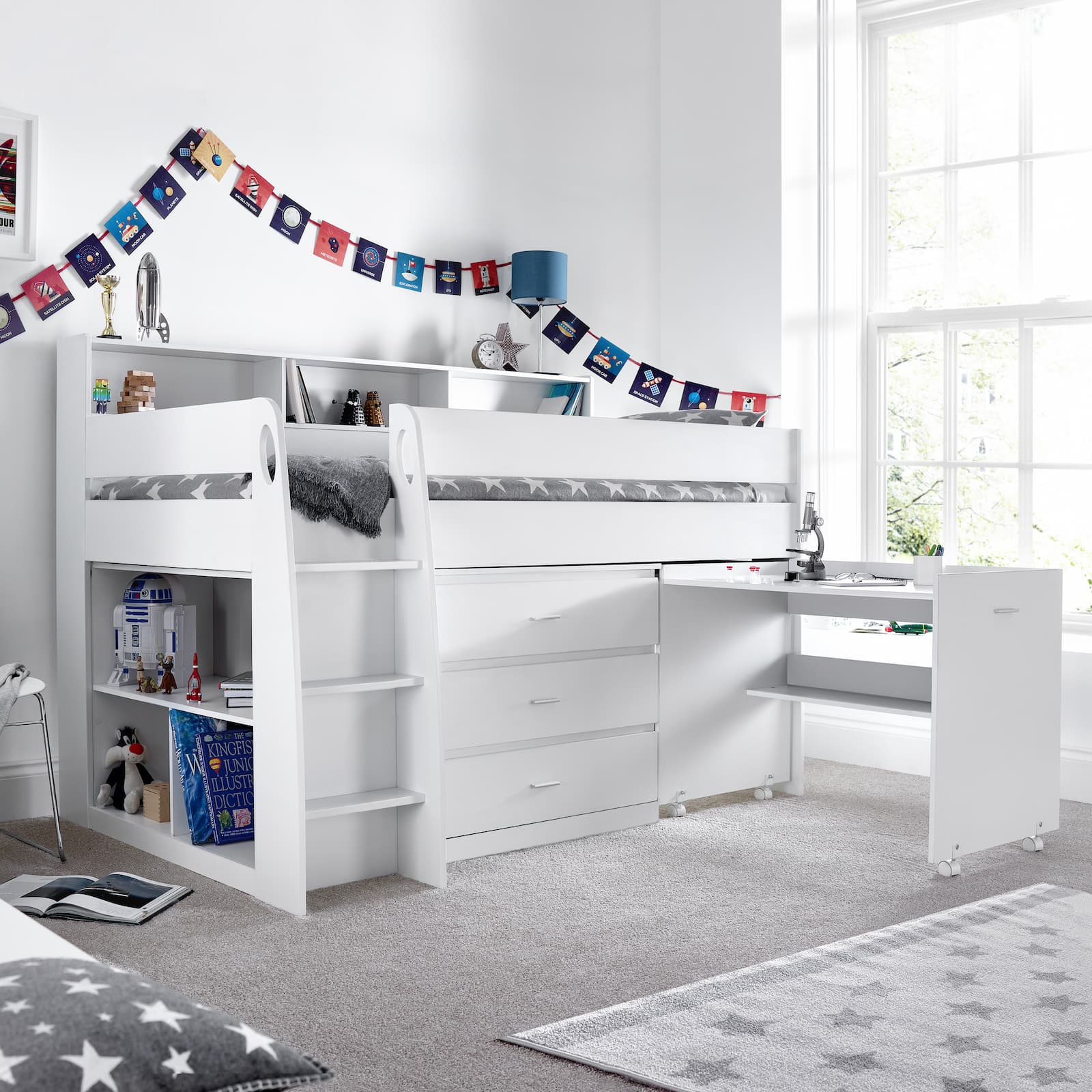 Ersa White Mid Sleeper Set - Mid Sleeper With Desk and Storage ModelBedroom