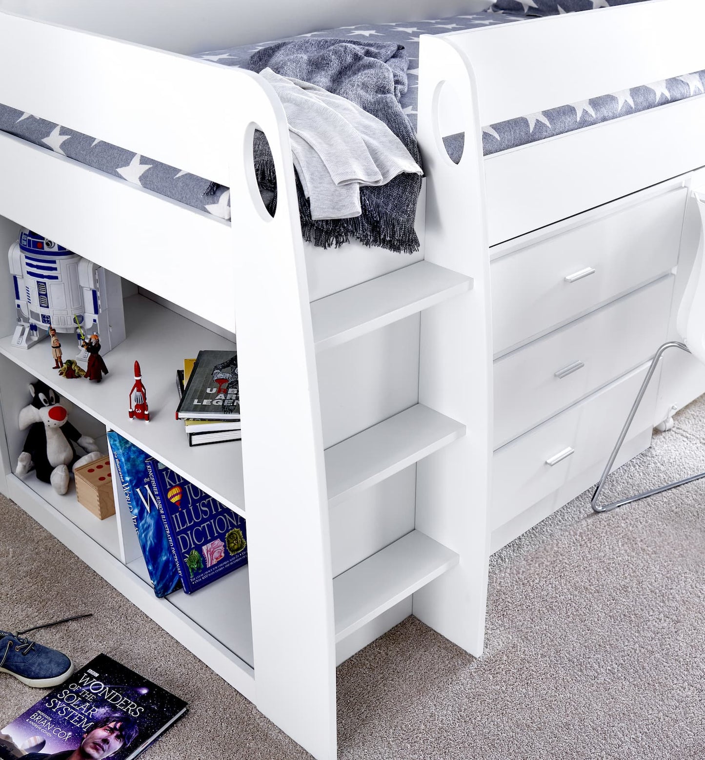 Ersa White Mid Sleeper Set - Mid Sleeper With Desk and Storage ModelBedroom