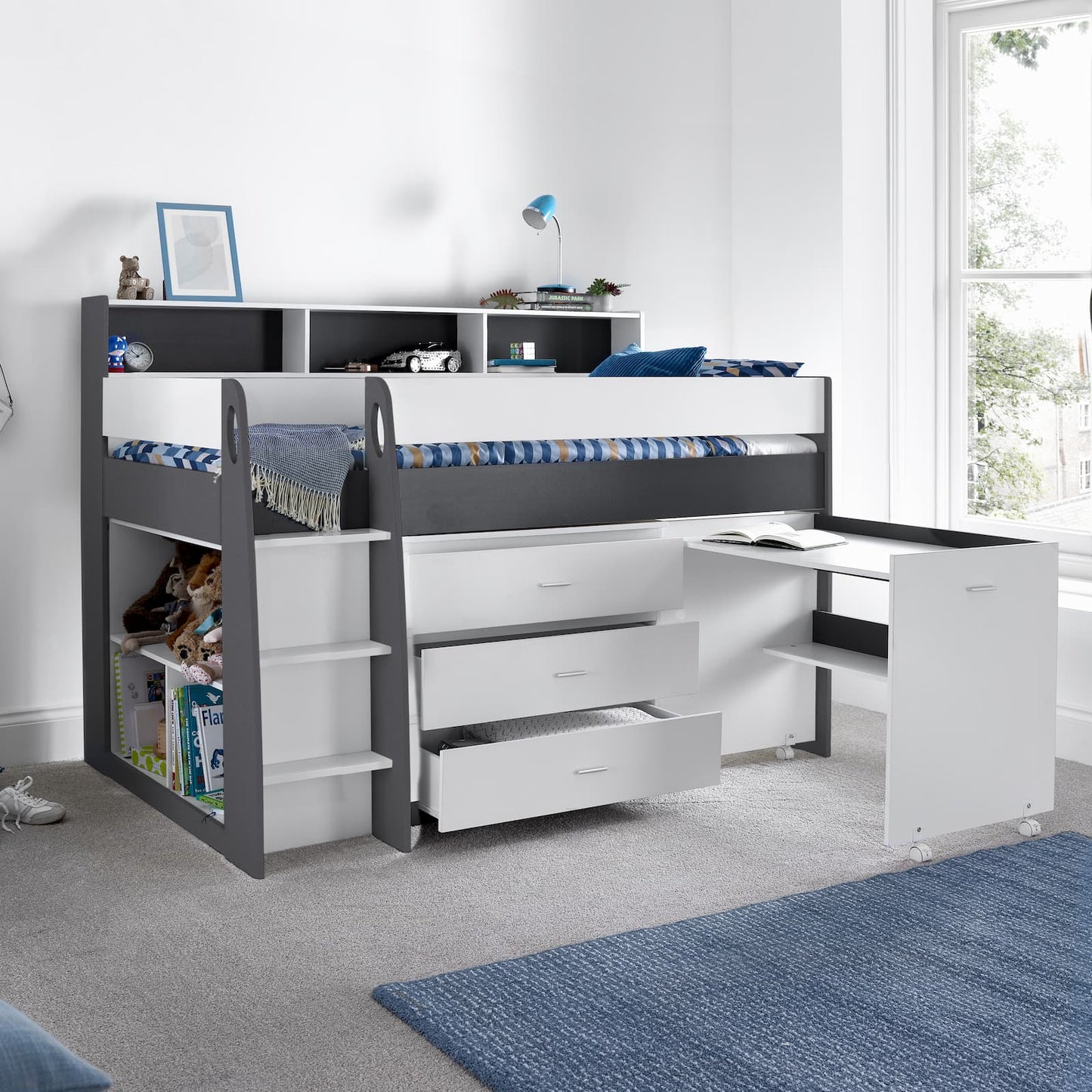 Ersa Grey and White Mid Sleeper - Kids Mid Sleeper With Desk and Storage ModelBedroom