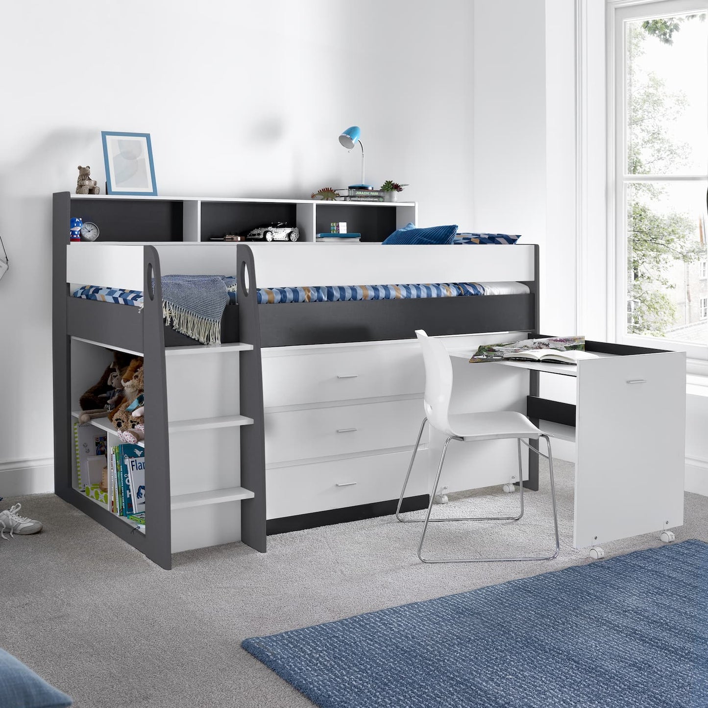 Ersa Grey and White Mid Sleeper - Kids Mid Sleeper With Desk and Storage ModelBedroom