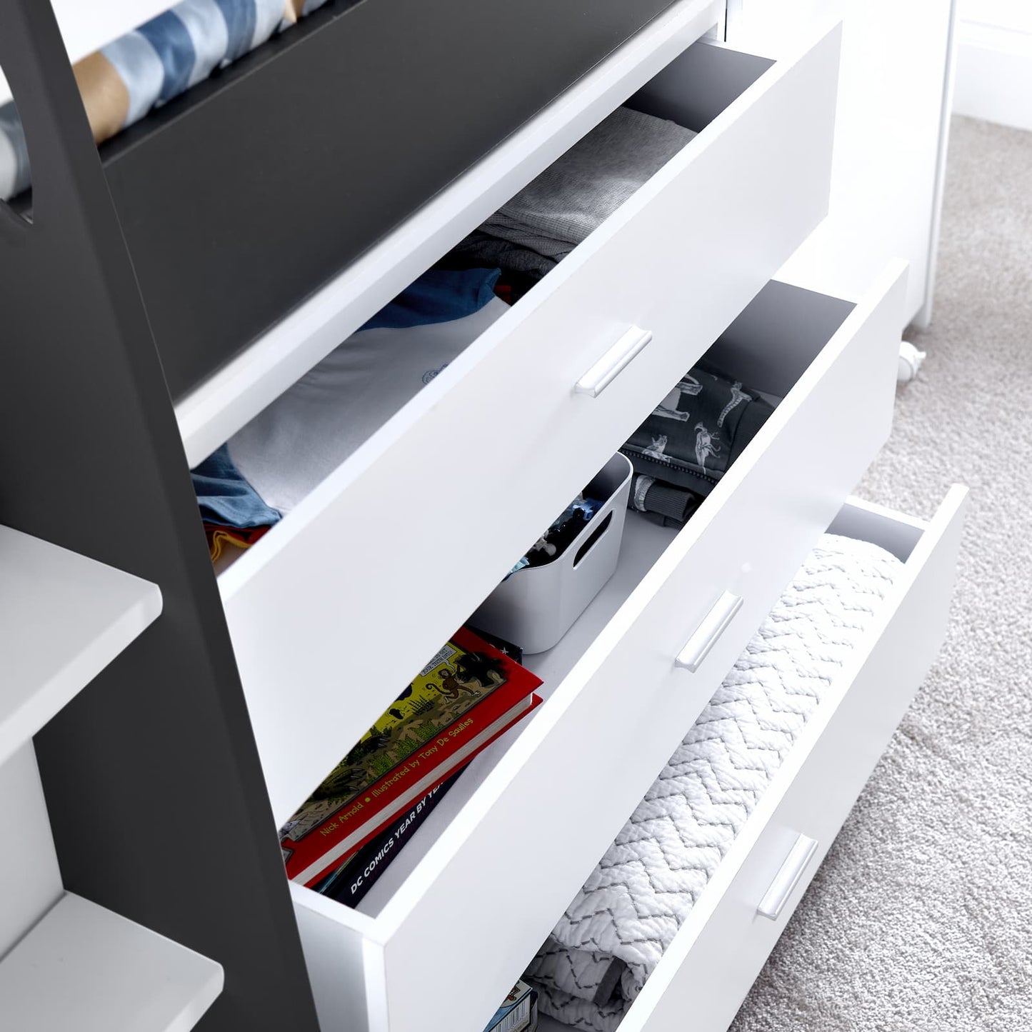 Ersa Grey and White Mid Sleeper - Kids Mid Sleeper With Desk and Storage ModelBedroom