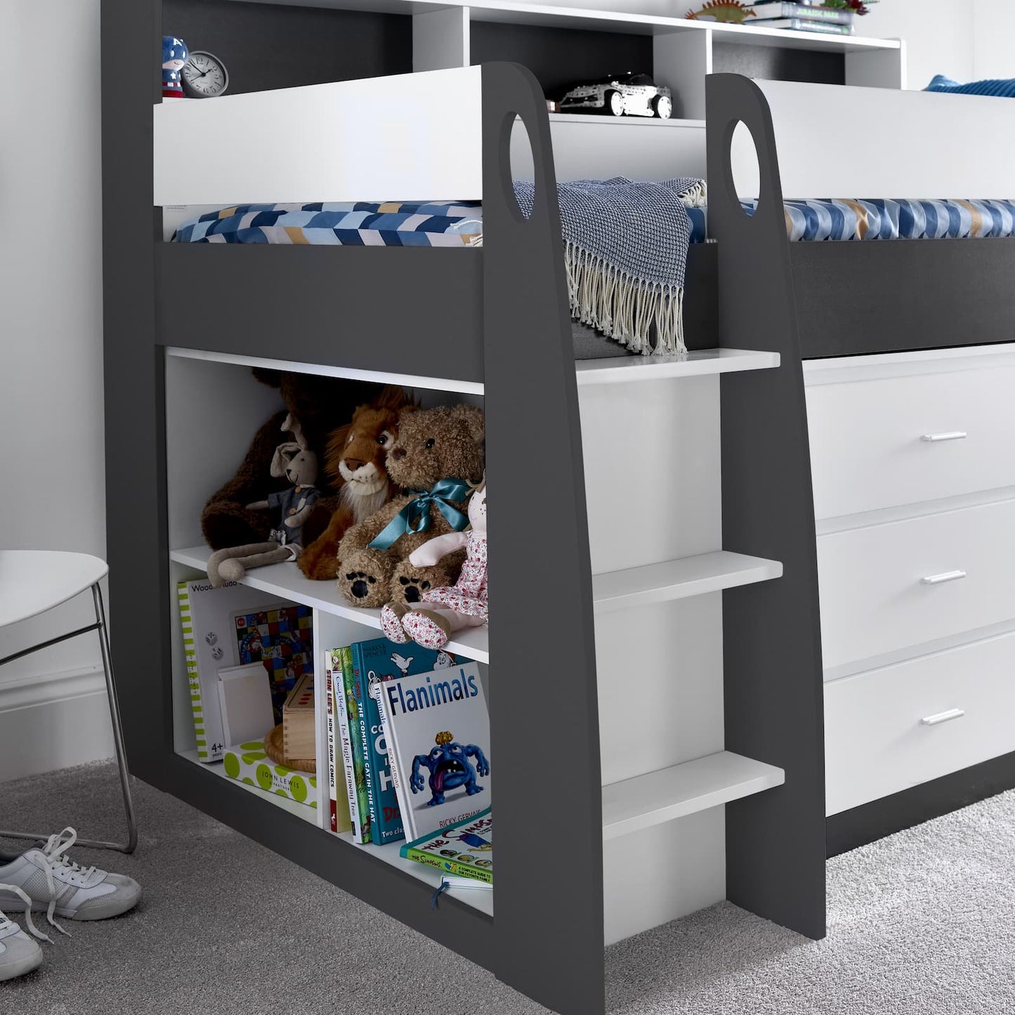 Ersa Grey and White Mid Sleeper - Kids Mid Sleeper With Desk and Storage ModelBedroom