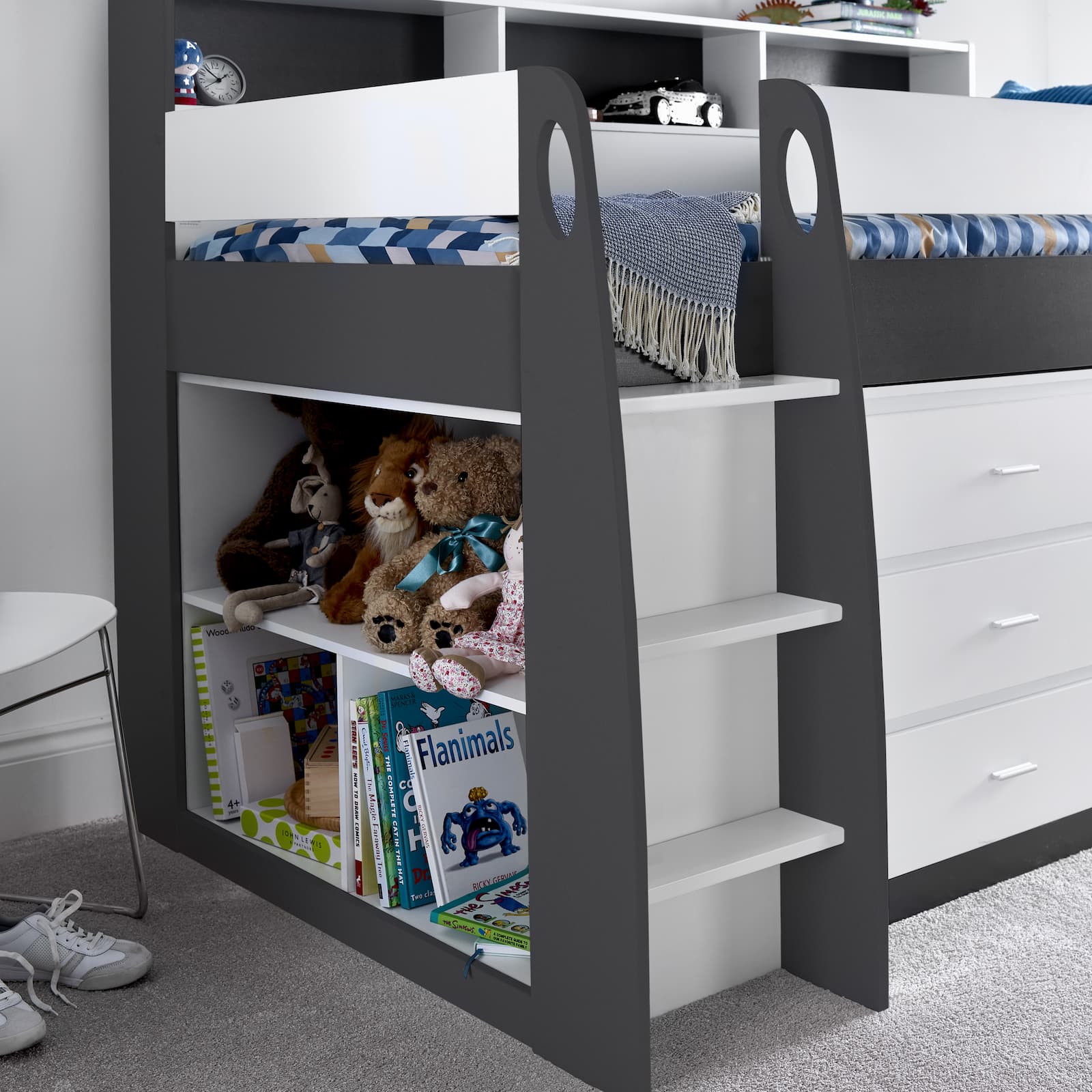Ersa Grey and White Mid Sleeper - Kids Mid Sleeper With Desk and Storage ModelBedroom