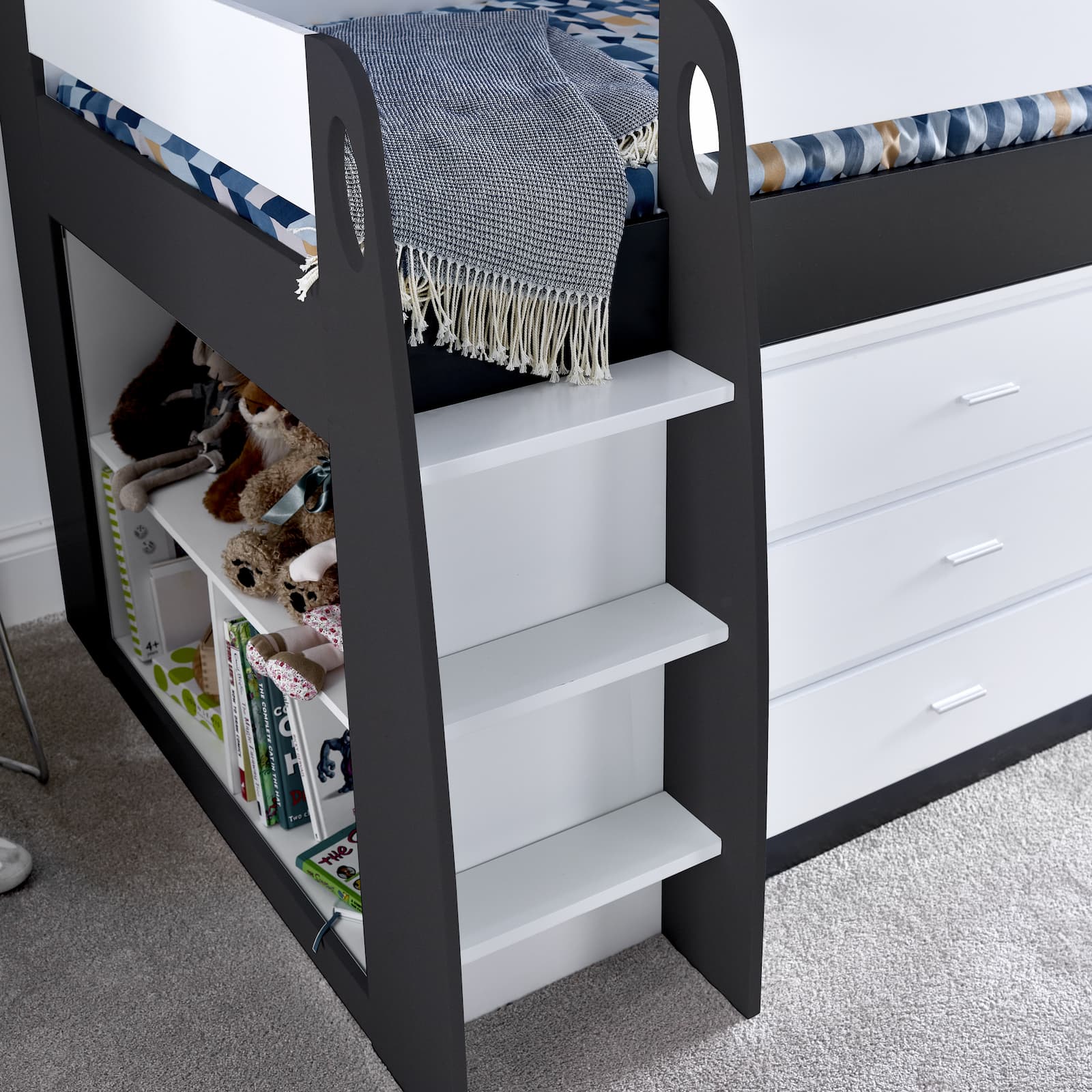 Ersa Grey and White Mid Sleeper - Kids Mid Sleeper With Desk and Storage ModelBedroom