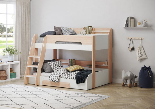 Flair Flick Triple Bunk Bed Oak With Storage Drawers - Kids Triple Sleeper Bunk Bed ModelBedroom