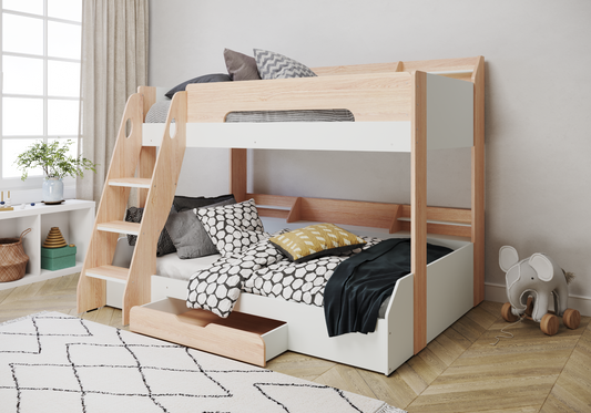 Flair Flick Triple Bunk Bed Oak With Storage Drawers - Kids Triple Sleeper Bunk Bed ModelBedroom