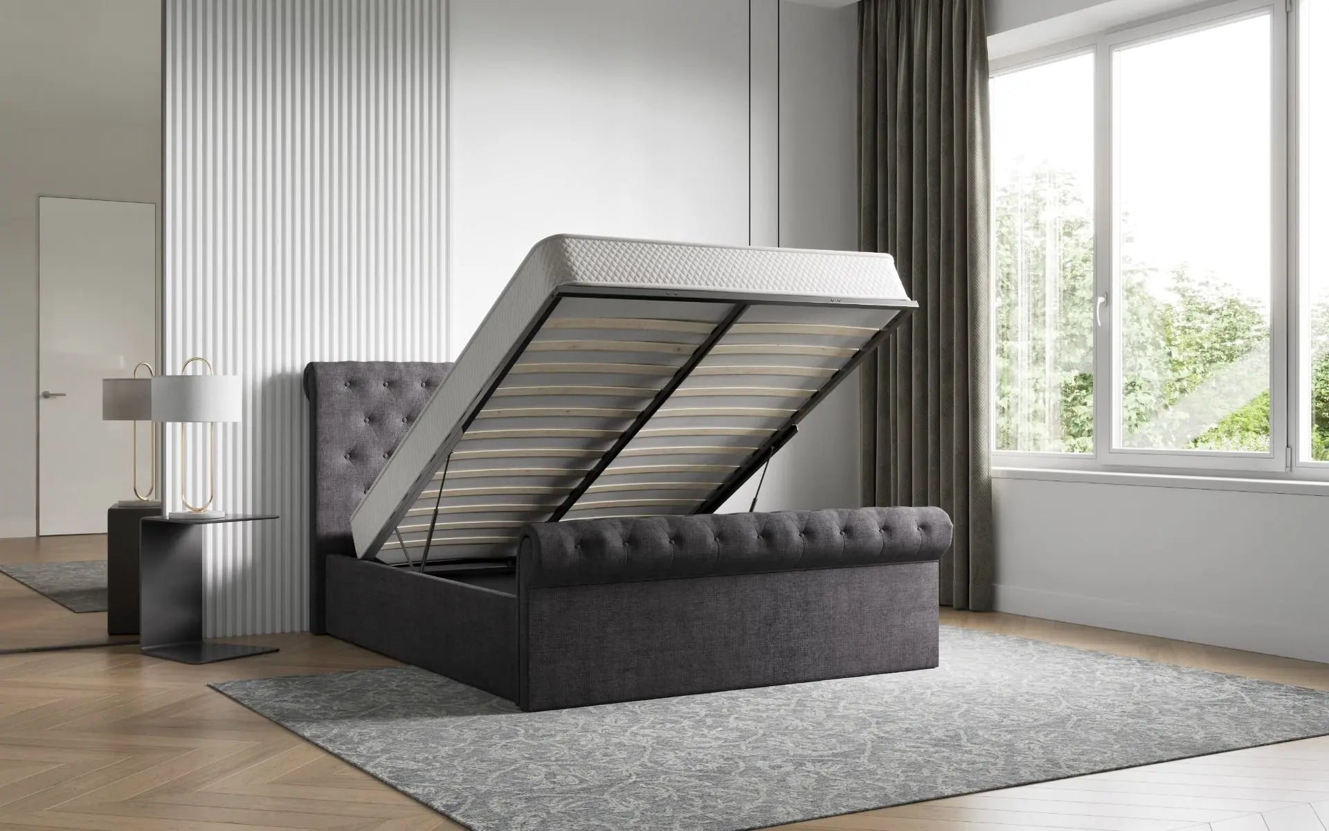 Flair Grey Fabric Lola Ottoman Sleigh Bed ModelBedroom