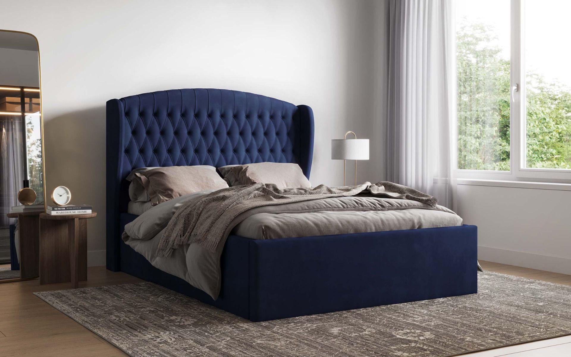 Flair Winged Velvet Adelina Ottoman Bed - Navy Winged Ottoman Bed Frame ModelBedroom