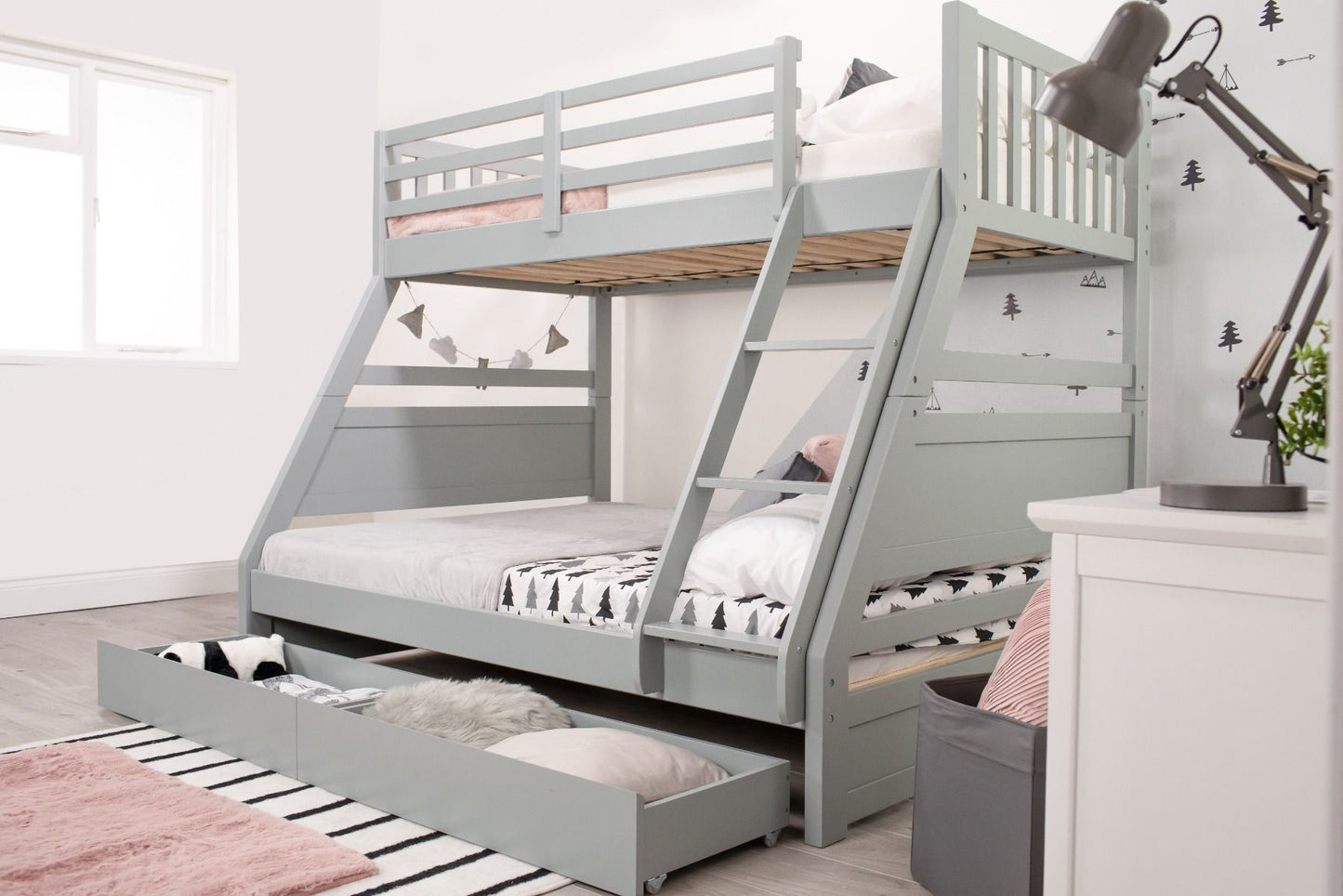 Flair Ollie Triple Wooden Bunk Bed With Drawers - Triple Sleeper Bunk Bed ModelBedroom