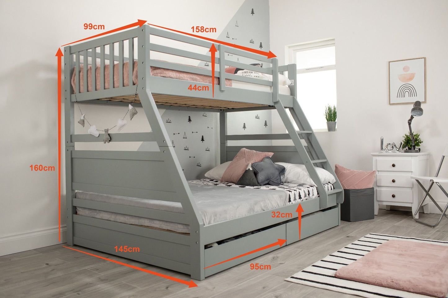 Flair Ollie Triple Wooden Bunk Bed With Drawers - Triple Sleeper Bunk Bed ModelBedroom