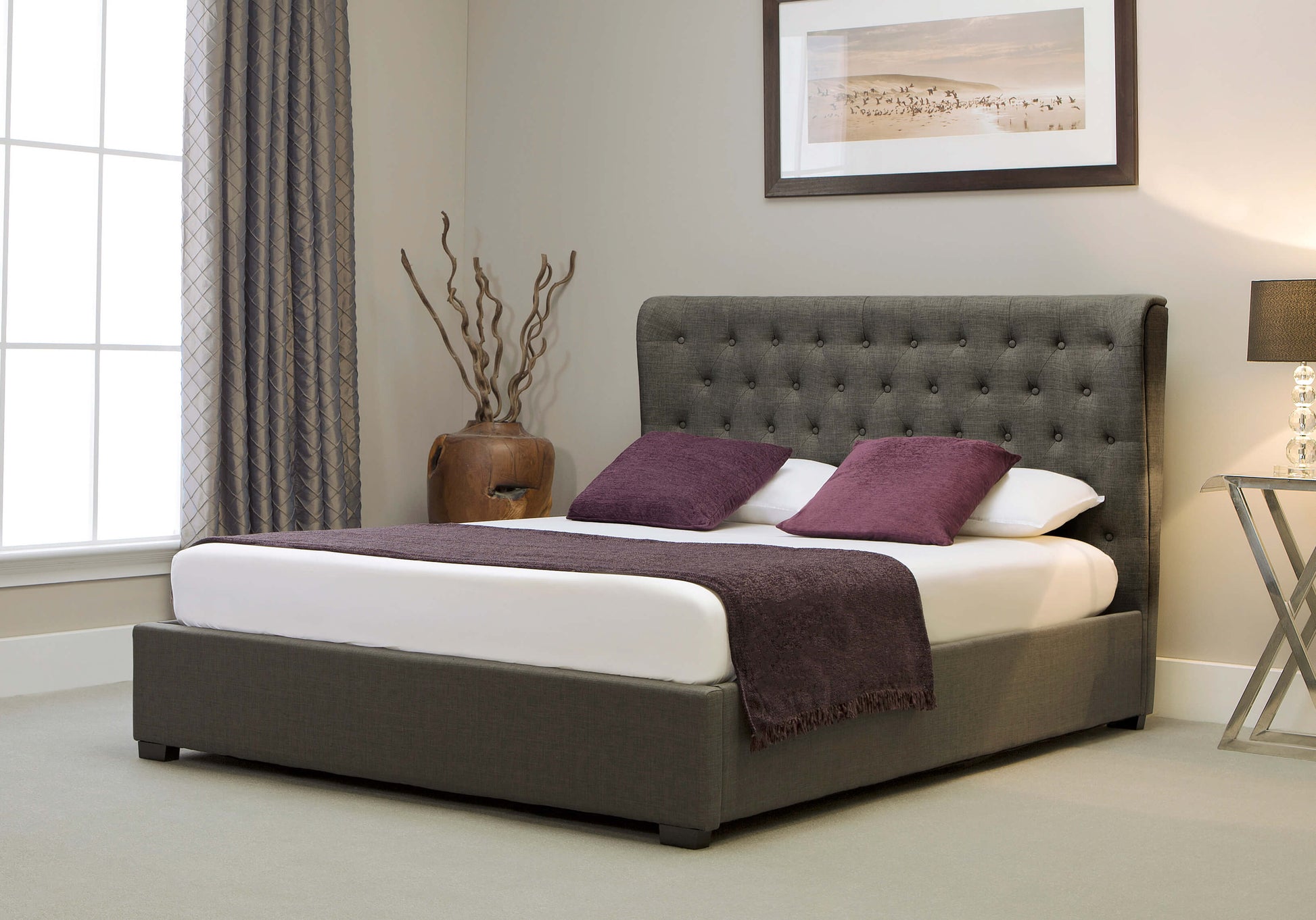 Kensington Fabric Ottoman Bed Frame in Grey ModelBedroom