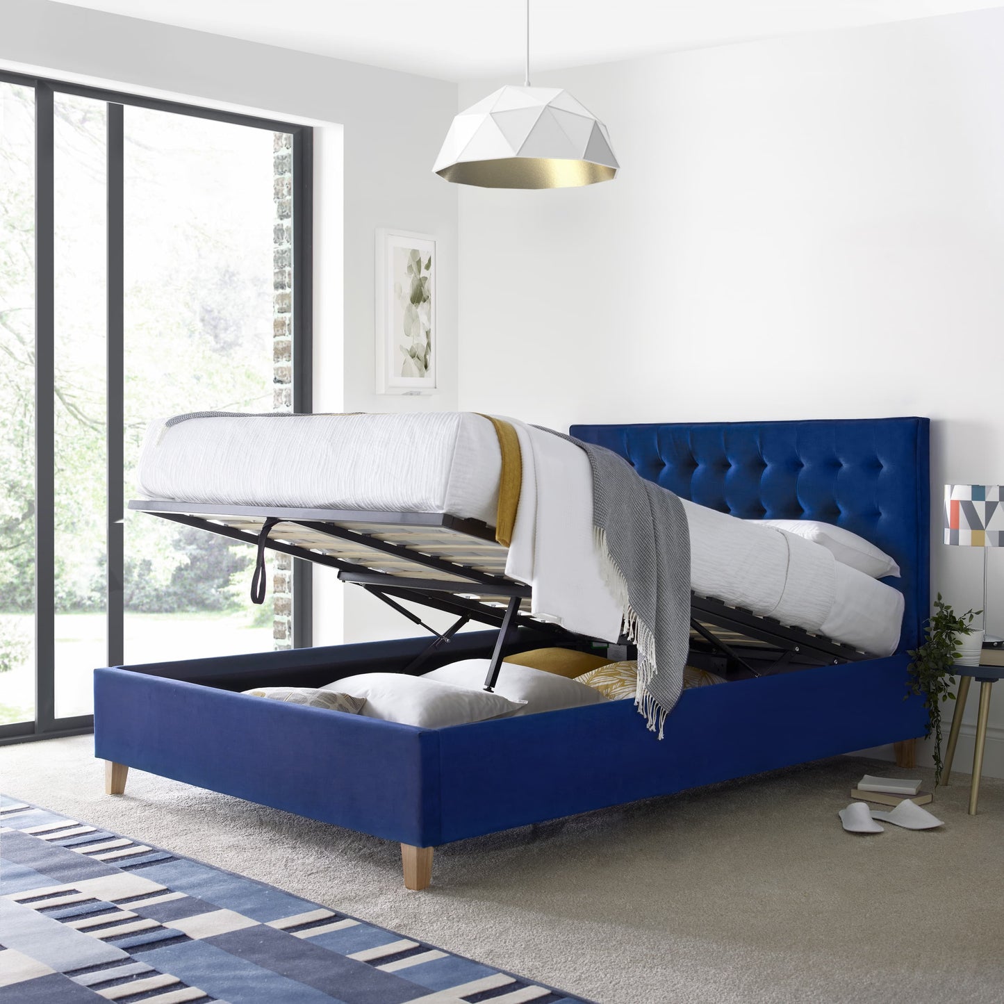 Bedmaster Kingham Blue Velvet Ottoman Bed - Kingham Ottoman Bed Blue ModelBedroom