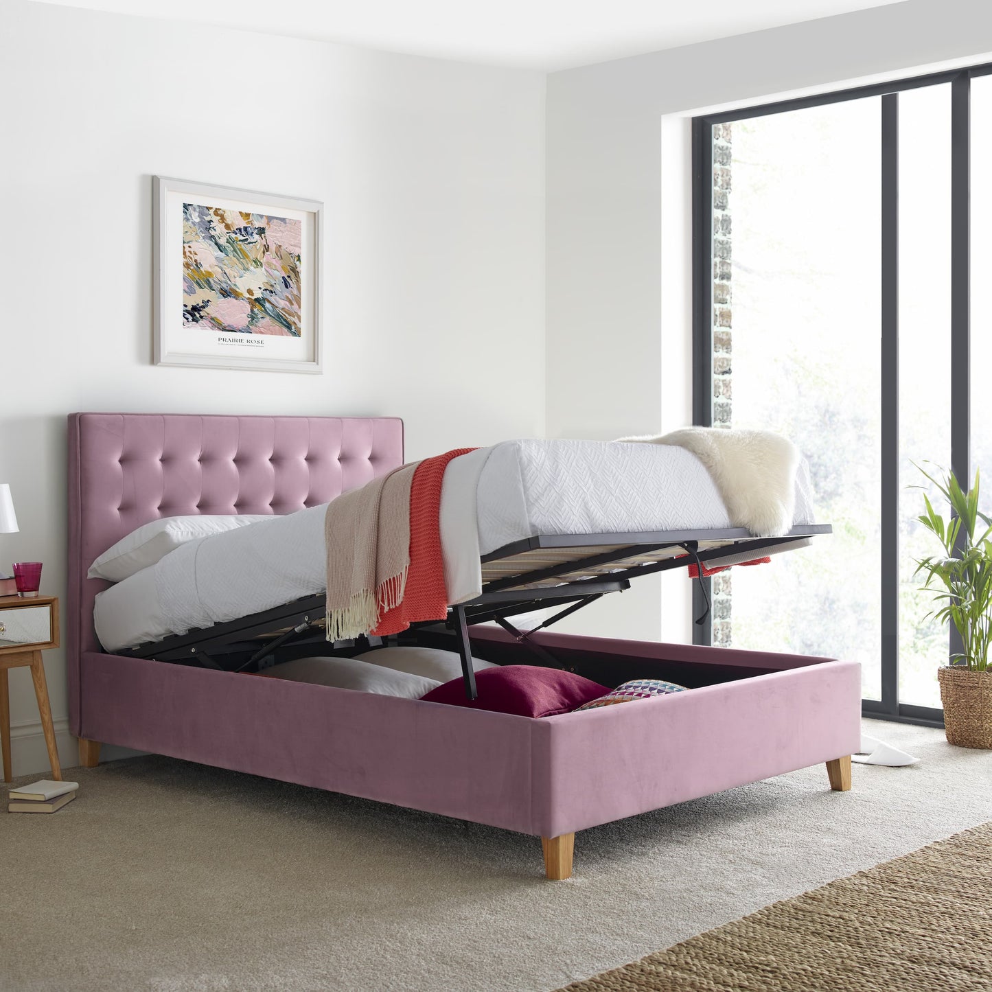 Bedmaster Kingham Pink Velvet Ottoman Bed - Pink Ottoman Bed ModelBedroom
