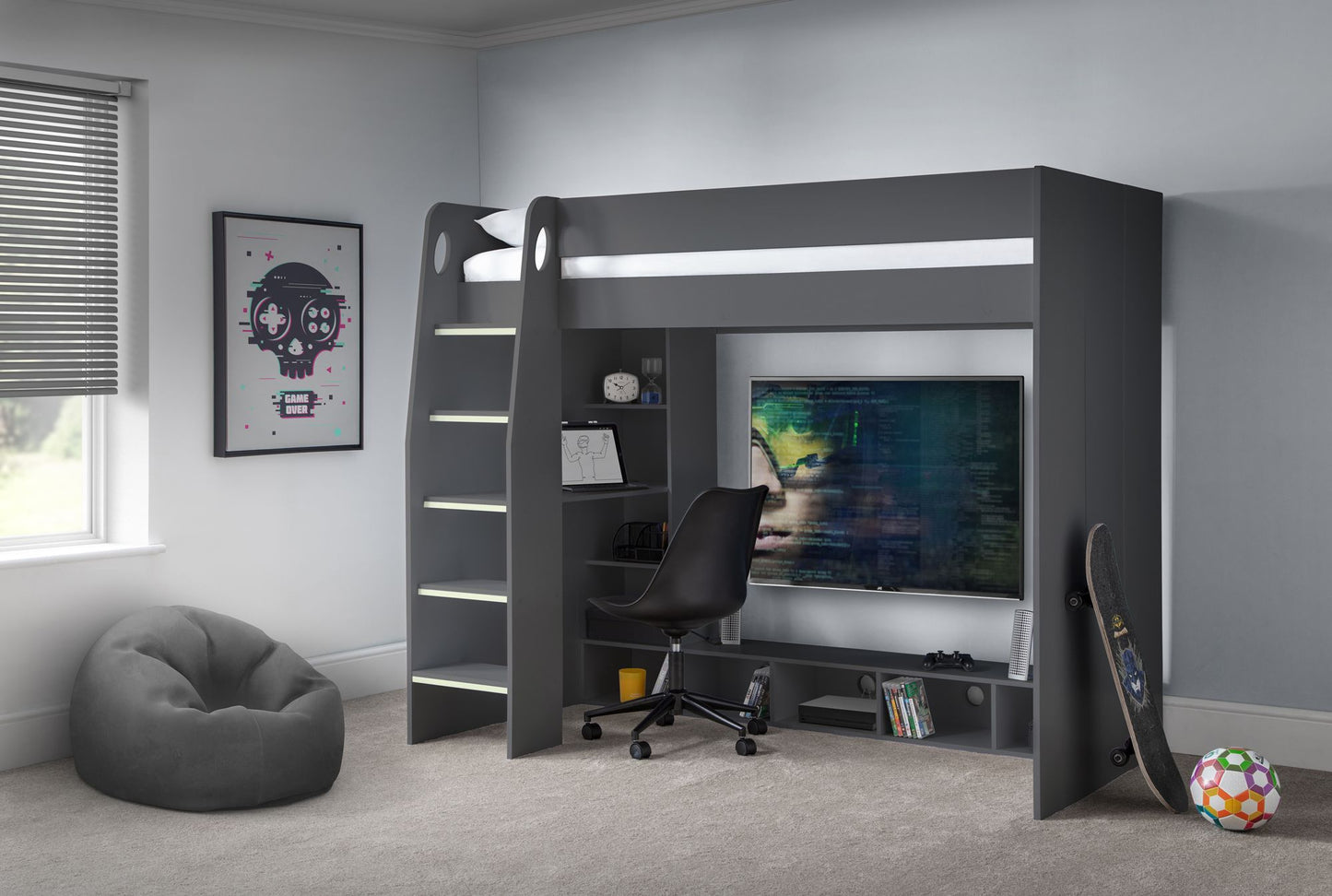 Nebula Gaming Bed Anthracite - Kids High Sleeper Gaming Bed ModelBedroom