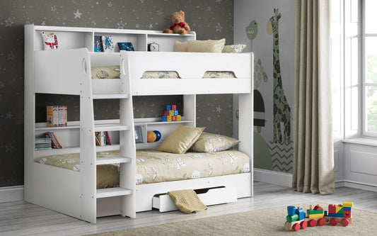 Orion Bunk Bed With Drawer and Shelves - White Bunk Bed with Storage Drawer ModelBedroom