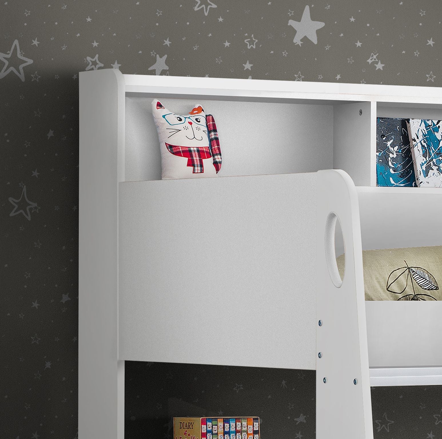 Orion Bunk Bed With Drawer and Shelves - White Bunk Bed with Storage Drawer ModelBedroom