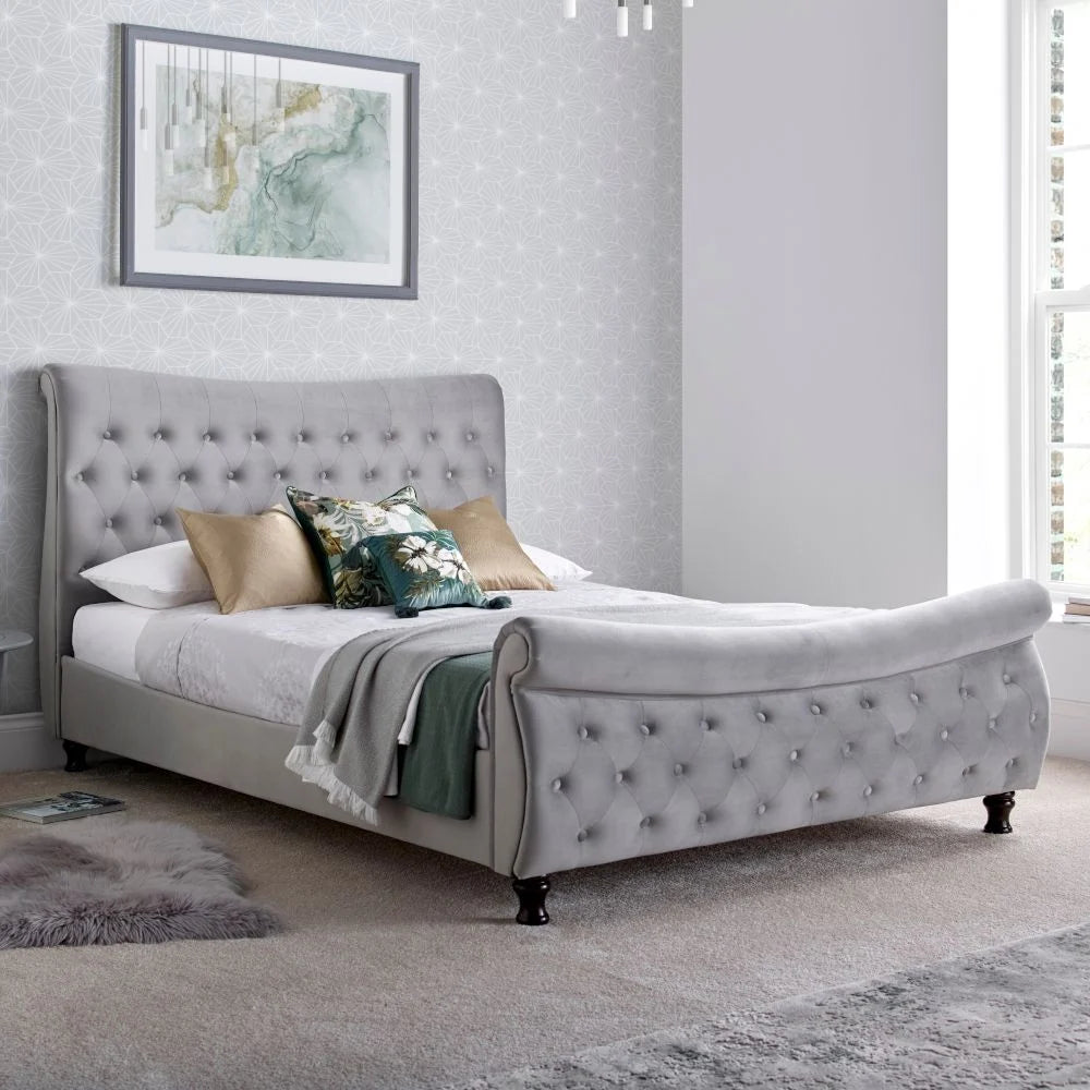 Oxford Grey Velvet Chesterfield Sleigh Bed - Double ModelBedroom