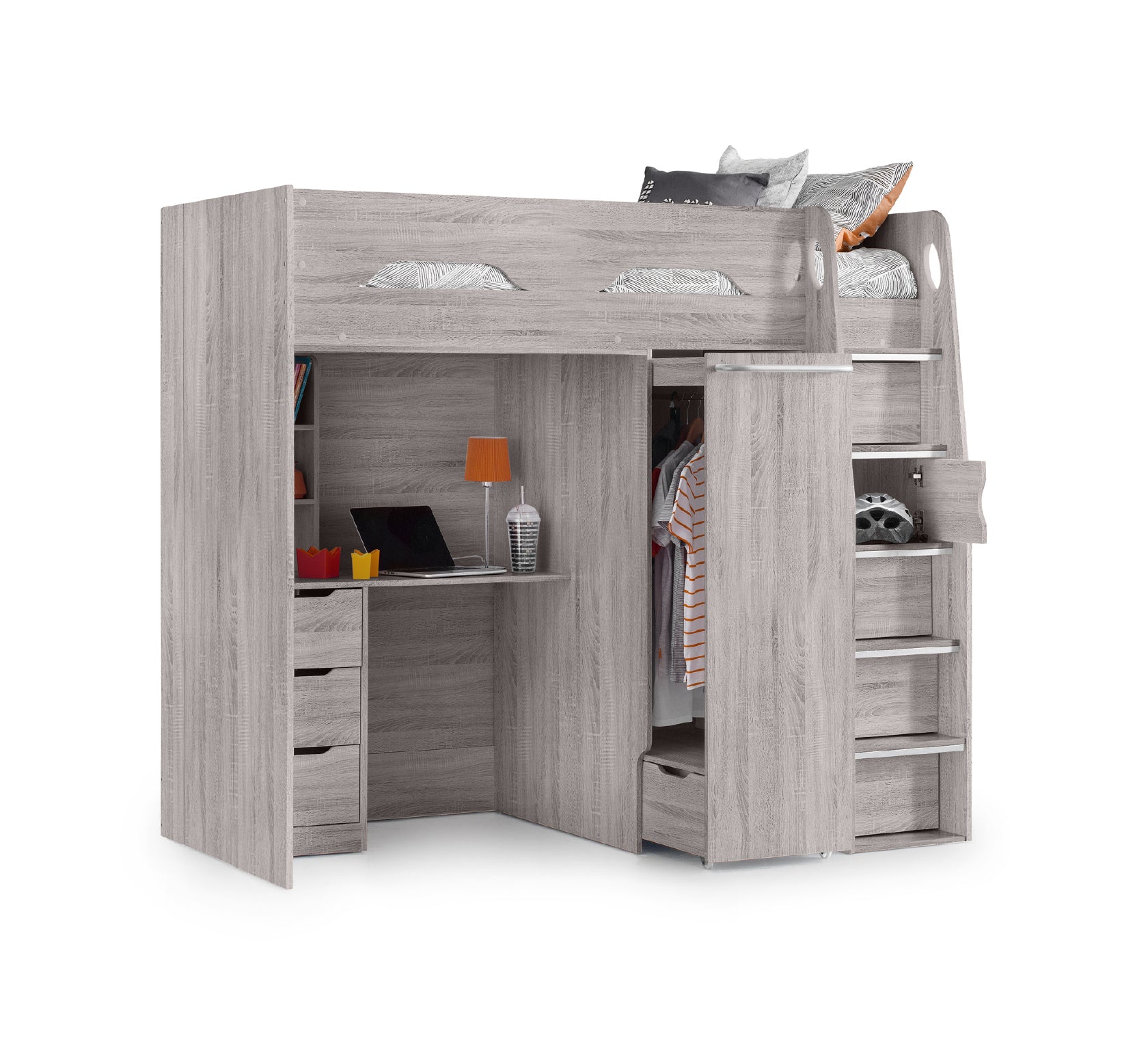 Pegasus High Sleeper Grey Oak - High Sleeper with Desk and Wardrobe ModelBedroom