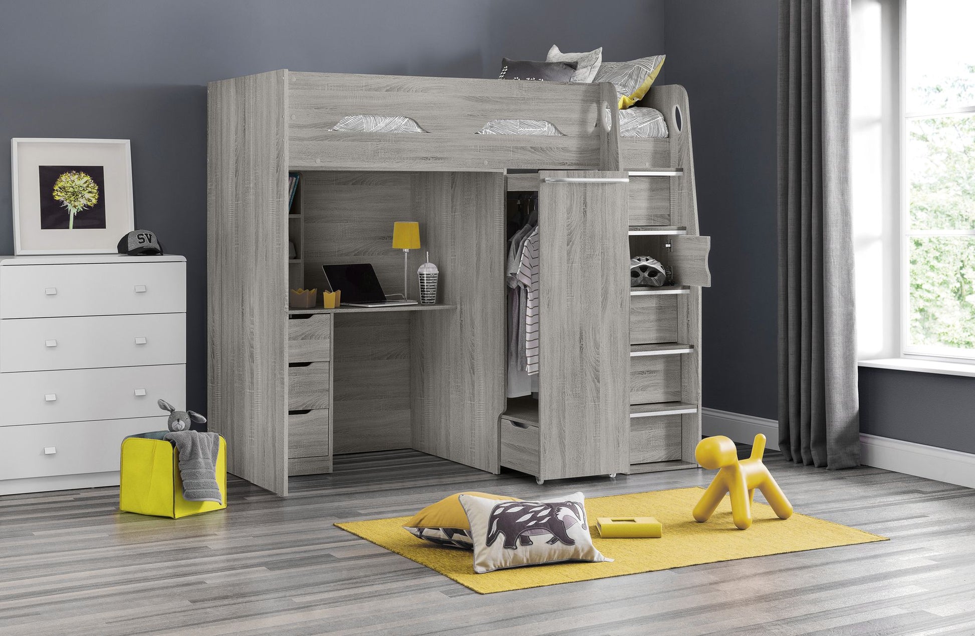 Pegasus High Sleeper Grey Oak - High Sleeper with Desk and Wardrobe ModelBedroom