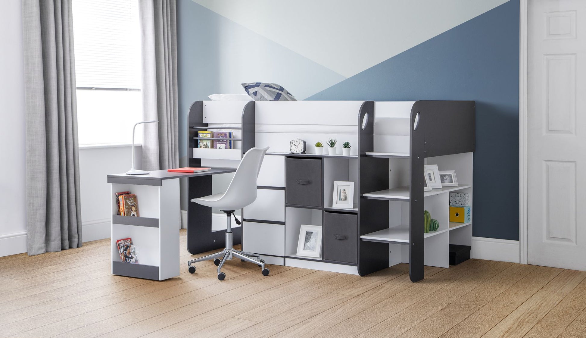 Saturn Mid Sleeper Charcoal & White - Mid Sleeper with Desk and Storage ModelBedroom