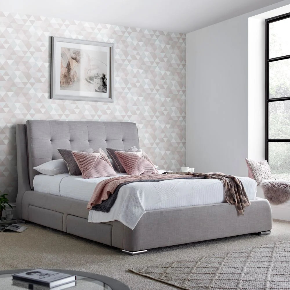 Fabric king size bed with drawers deals