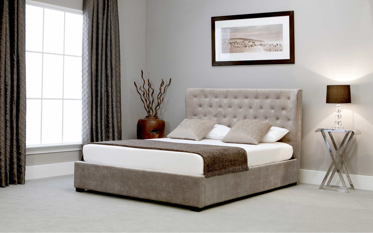 Kensington Fabric Ottoman Bed Frame in Stone ModelBedroom