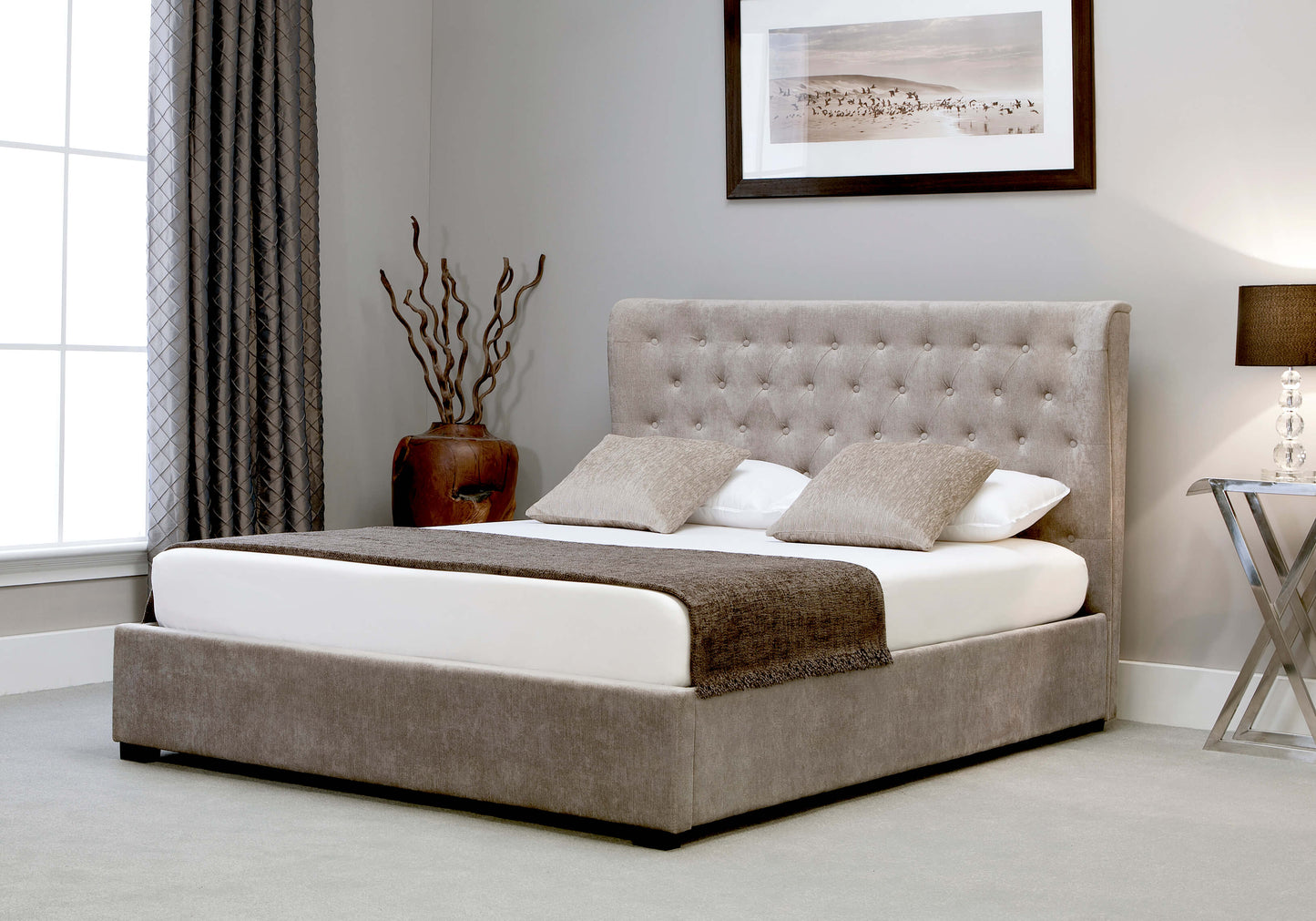 Kensington Fabric Ottoman Bed Frame in Stone ModelBedroom