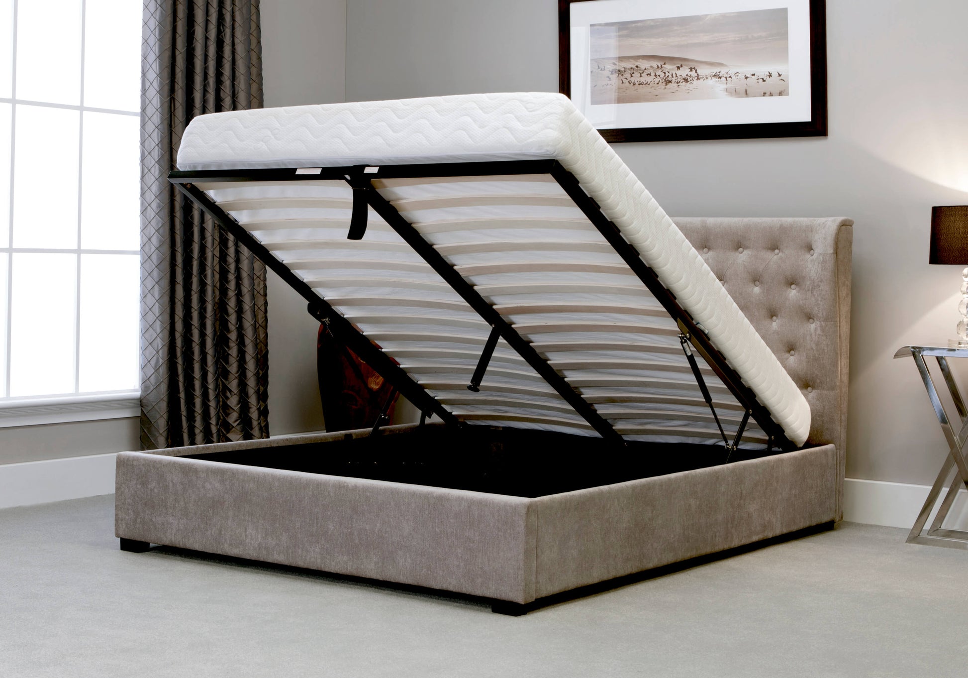 Kensington Fabric Ottoman Bed Frame in Stone ModelBedroom