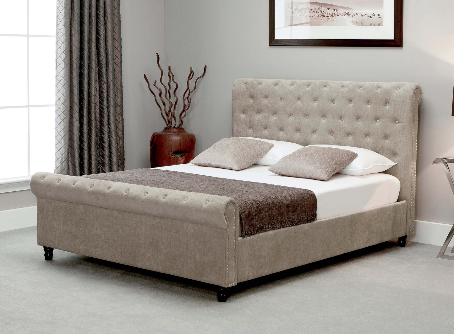 Oxford Fabric Ottoman Bed Frame in Stone ModelBedroom