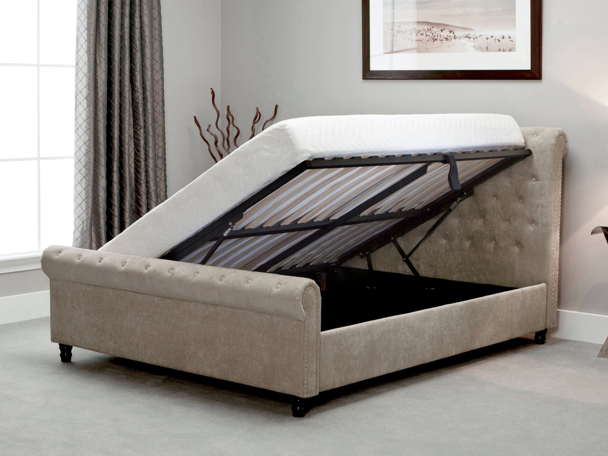 Oxford Fabric Ottoman Bed Frame in Stone ModelBedroom