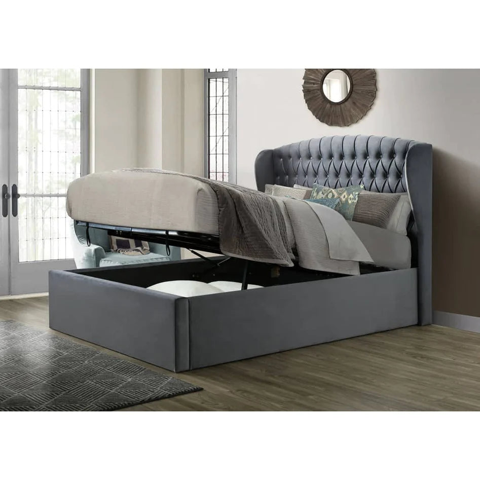 Warwick Grey Velvet Ottoman Bed - Double ModelBedroom