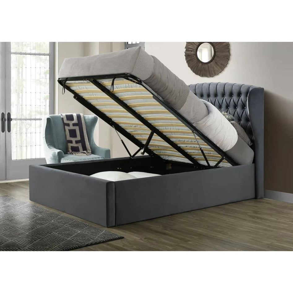 Warwick Grey Velvet Ottoman Bed - Double ModelBedroom