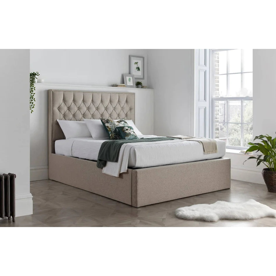 Wilson Oatmeal Fabric Ottoman Bed - Double ModelBedroom