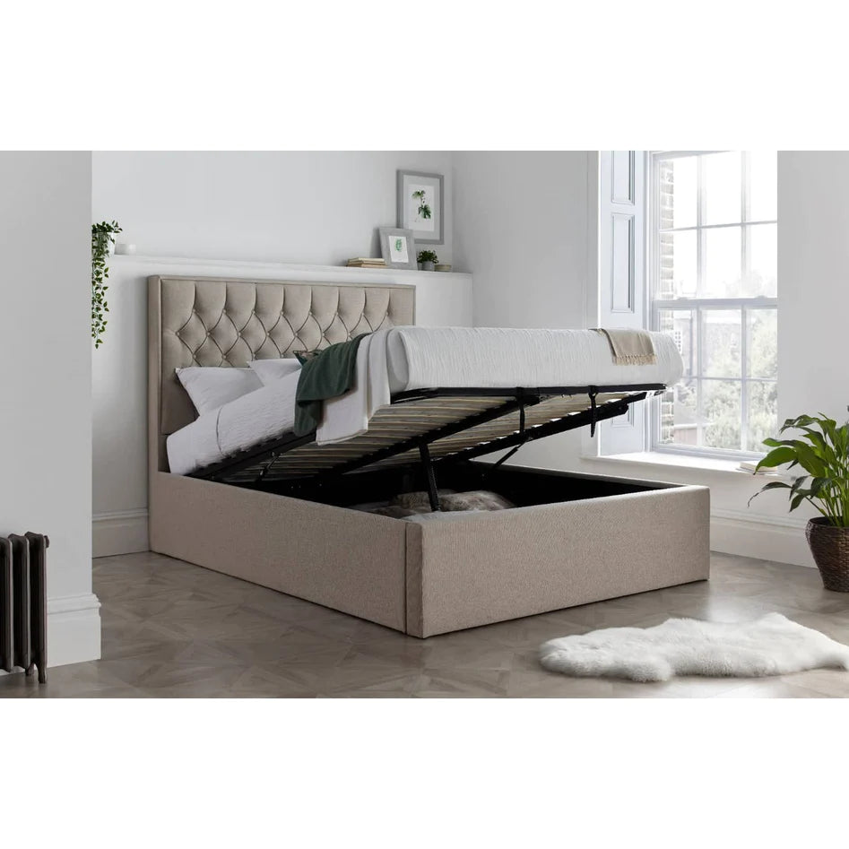 Wilson Oatmeal Fabric Ottoman Bed - Double ModelBedroom