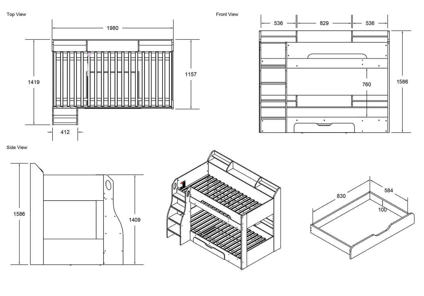 Flair Flick Bunk Bed White with Shelves And Drawer - Kids Single Bunk Bed ModelBedroom