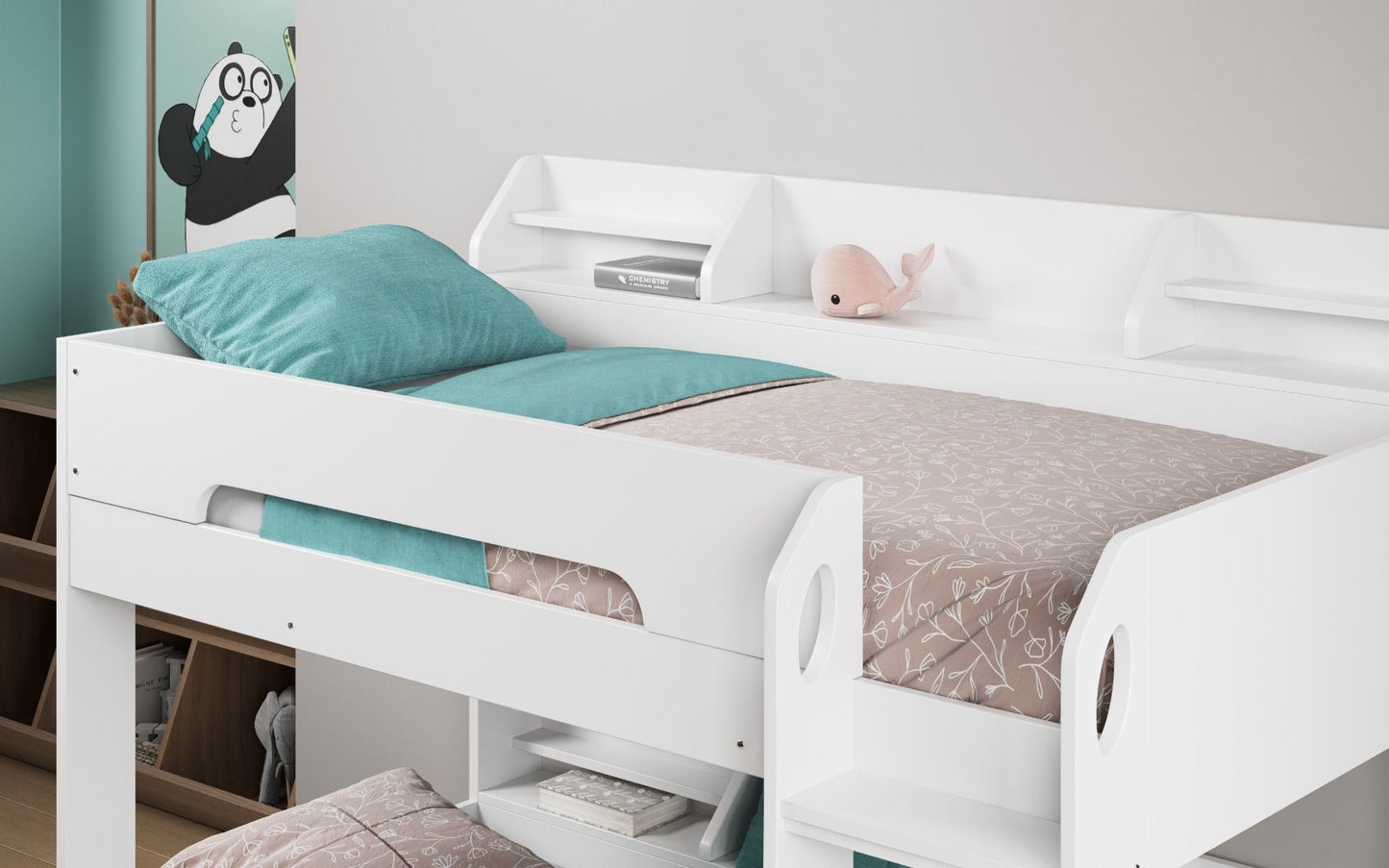Flair Flick Bunk Bed White with Shelves And Drawer - Kids Single Bunk Bed ModelBedroom
