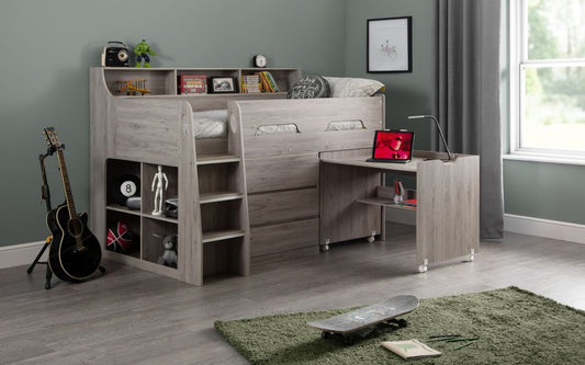 Jupiter Mid Sleeper Grey Oak - Kids Grey Mid Sleeper with Desk and Storage ModelBedroom