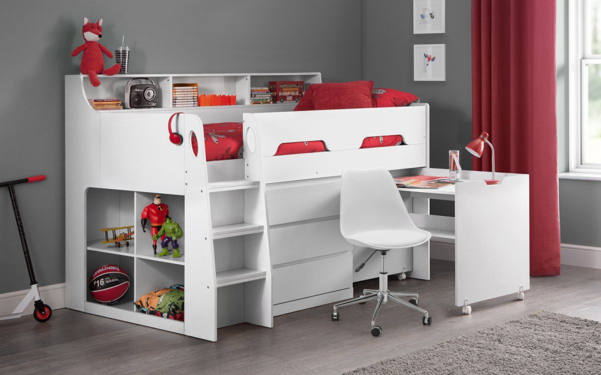 Jupiter Mid Sleeper White - Kids White Mid Sleeper with Desk and Storage ModelBedroom